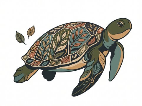 Boho Sea Turtle Vector Illustration Botanical Shell Pattern Earthy Tones Native Design
