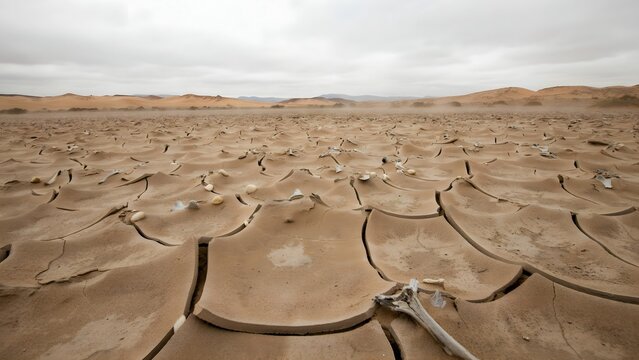 Arid Desert Landscape with Cracked Earth and Dried Vegetation