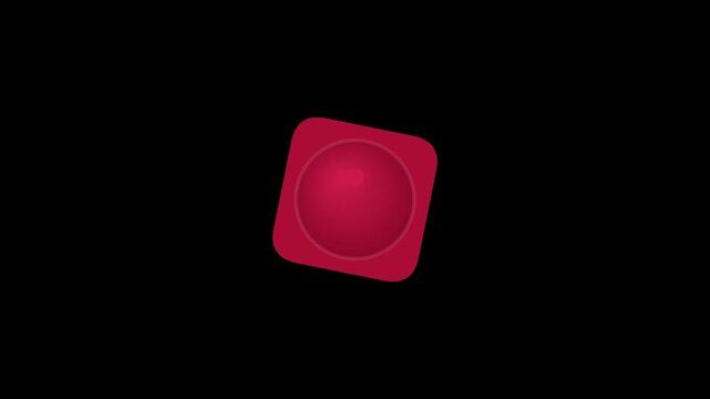 Animated red icon on black background, glossy button graphic, floating squircle symbol, digital interface element for websites, vibrant red dot motion background, sleek app design asset