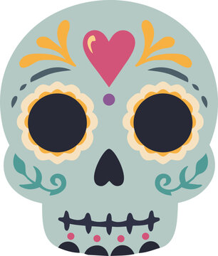 Colorful flat vector illustration of a decorative sugar skull with floral eyes, heart motif, ornamental details and symmetrical folk-inspired patterns.