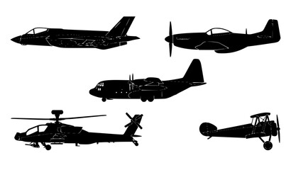Military aircraft silhouettes collection featuring jets helicopters propeller planes and biplanes © Sifat