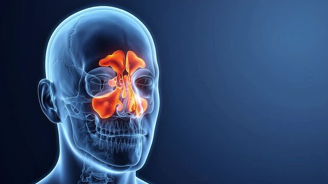 Human Skull X-Ray Scan Showing Glowing Orange Paranasal Sinuses and Nasal Cavity Inflammation Sinusitis, 3D Medical Animation