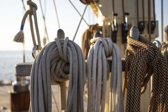 Holpins or nail nails stuck through a board, including coffee nails, linen and ropes, sailing ship, Aeolian or Lipari islands, Sicily, southern Italy, Italy