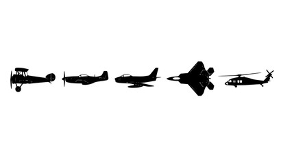 Military aviation history aircraft silhouettes from biplanes to modern jets vector collection © Sifat