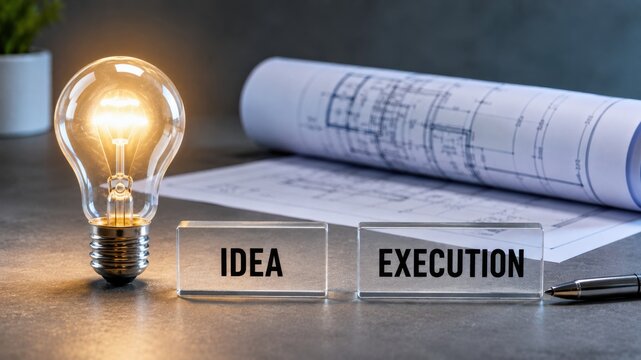 Light bulb with idea and execution acrylic signs on desk for project planning and creative workflow.