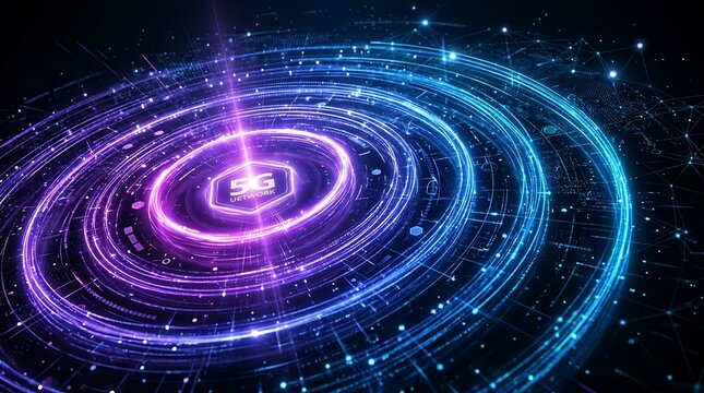 5g network technology with glowing circular data streams and futuristic connections