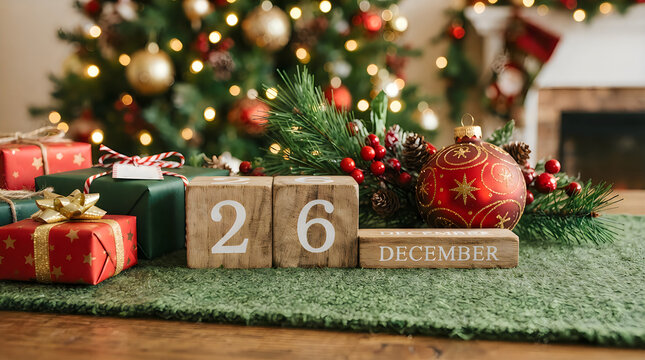 Wooden calendar showing December 26 with Christmas gifts illustration