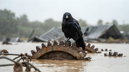 Naklejka premium Raven Perched on Rusty Gears Surrounded by Flooded Landscape