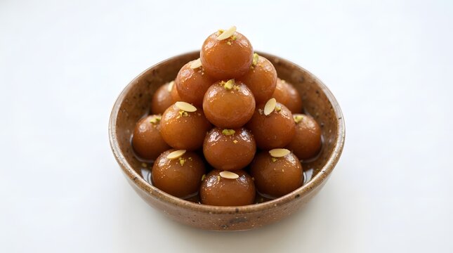 A bowl filled with delicious gulab jamun, a traditional indian sweet dessert, isolated on white background