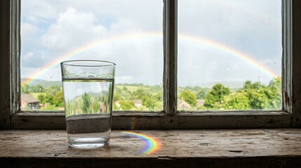 Fototapeta premium Clear Glass of Fresh Drinking Water on a Rustic Wooden Windowsill with a Beautiful Rainbow Background