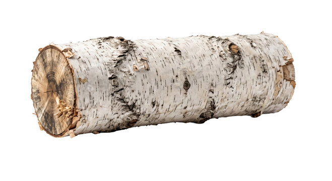 Birch log with distinctive white bark and visible wood grain on the cut end