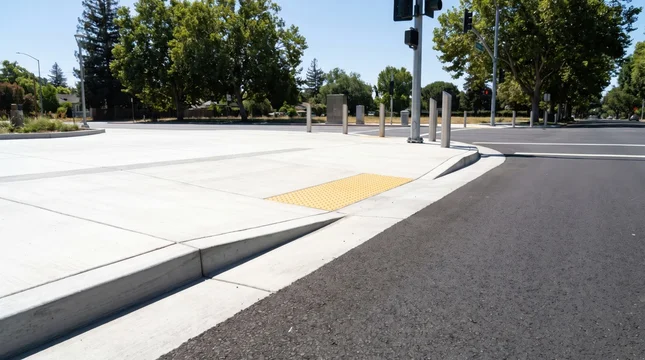 Inclusive street crossing features curb ramp and yellow tactile paving domes for safety