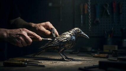 Naklejka premium Crafting a Metal Bird Sculpting Art with Human Hands and Tools