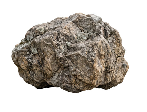 Rough textured boulder with lichen and mineral deposits on white background