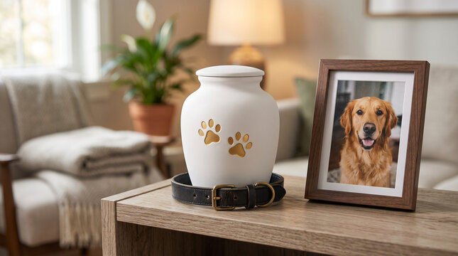 a home pet memorial altar set up on a rustic wooden shelf. The arrangement features a framed black-and-white photograph of a happy Golden Retriever
