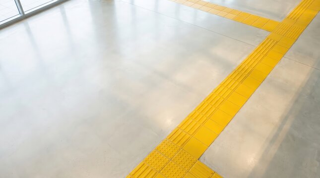 Bright modern interior with yellow tactile floor tiles and sunlight reflection for accessible design
