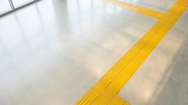 Bright modern interior with yellow tactile floor tiles and sunlight reflection for accessible design