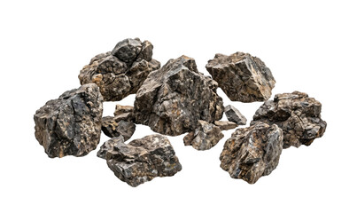 Pile of rough, weathered, and textured natural stones on a white background © 7Author