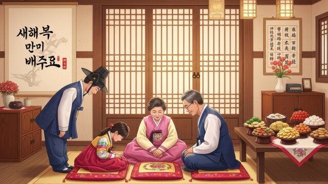 Korean family in traditional Hanbok performing Sebae bow for Lunar New Year celebration