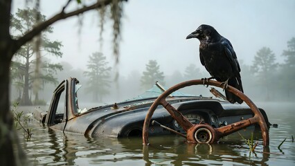 Naklejka premium Raven Perched on Steering Wheel of Submerged Vintage Car in Fog