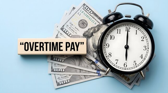 Overtime pay concept with alarm clock on dollar bills showing time and money stress