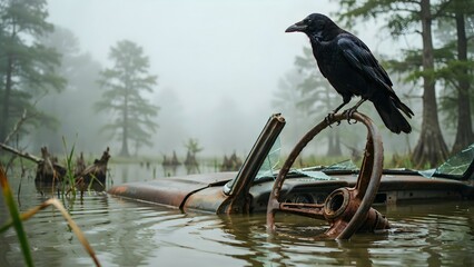 Naklejka premium Raven Perched on Abandoned Car in Foggy Swamp Landscape