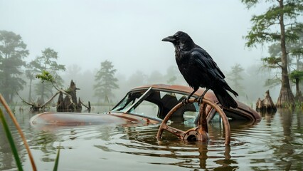 Naklejka premium Raven Perched on Abandoned Car in Misty Swamp Environment