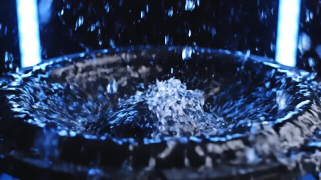 Water splashing on a black audio speaker subwoofer vibrating with low bass and blue neon light