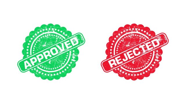 approved and rejected stamps comparison decision symbols, yes no approval rejection business icons animation, validation and denial stamp motion graphic