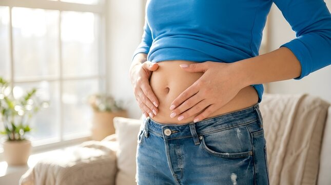 Close Up of a Young Woman in Blue Shirt Touching Her Bare Belly, Concept of Bloating or Digestion