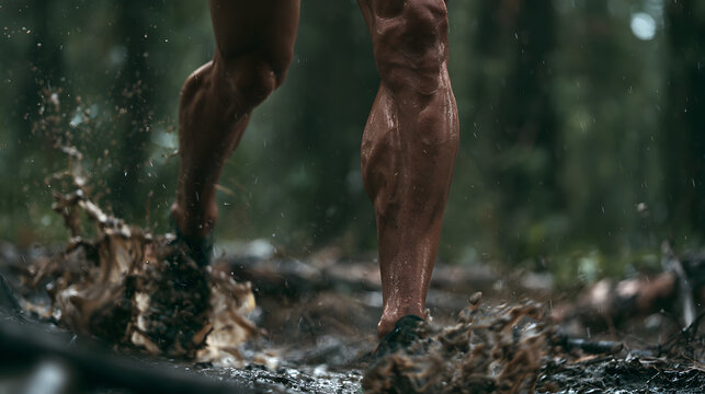 The fit jogger with robust calves is preparing for a forest trail race in the rain