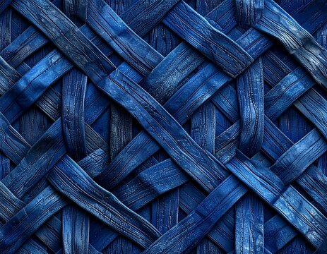 Seamless pattern of diagonal cross lattice in indigo dyed linen, dense woven texture