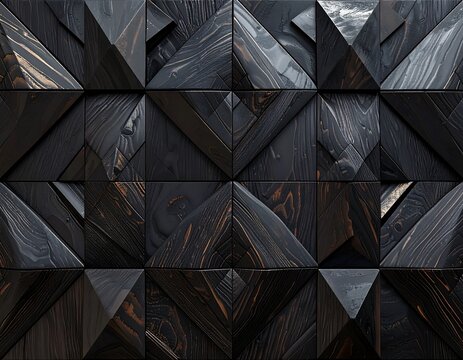 Seamless interlocking triangular panel grid, polished ebony wood texture with deep black grain