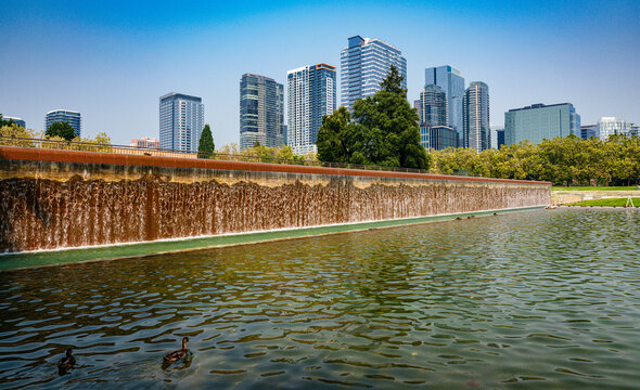 Buildings And Park Waterfall