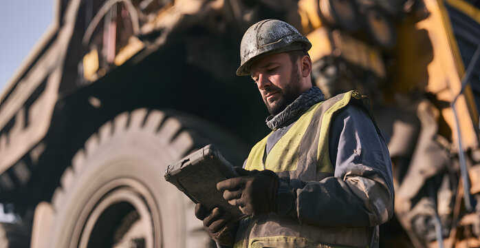 An industrious mine operator in safety gear is engrossed in a pre-operation checklist on his tablet, set against the daunting scene of a huge mining truck