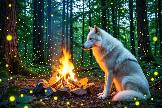 White wolf sits by burning campfire in dark forest at night. Glowing fireflies sparkle in woods around animal. Predator stays calm near bright flame in wild nature. Beautiful mystic scene shows
