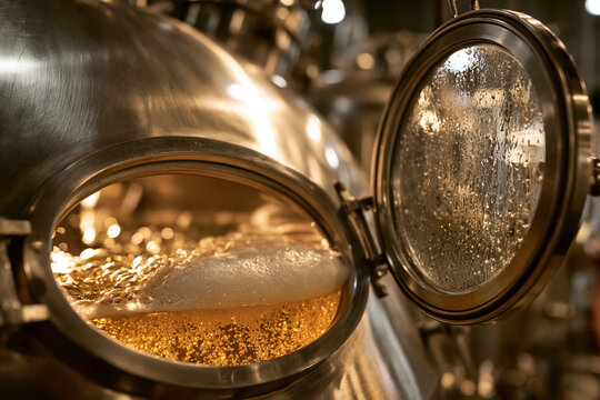 A steaming liquid bubbles inside a shiny metallic brewing vessel.