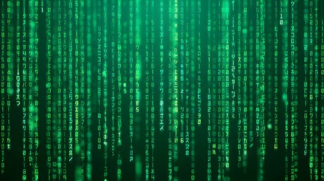 Green digital binary code falling down on dark background, abstract technology data stream.