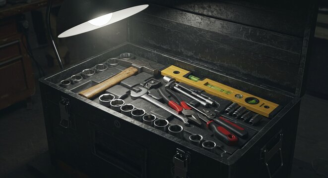 An open toolbox filled with a complete and organized set of various professional hand tools.Concept of tool organization and professional preparedness.