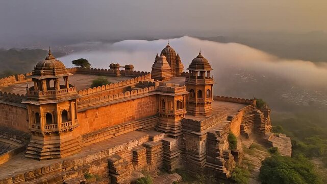 Ancient Chittorgarh Fort overlooking misty valley at sunrise