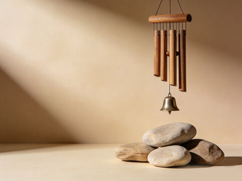Wooden Wind Chime with Brass Bell and Balanced Stones in Warm Sunlight for Zen Meditation and Mindfulness