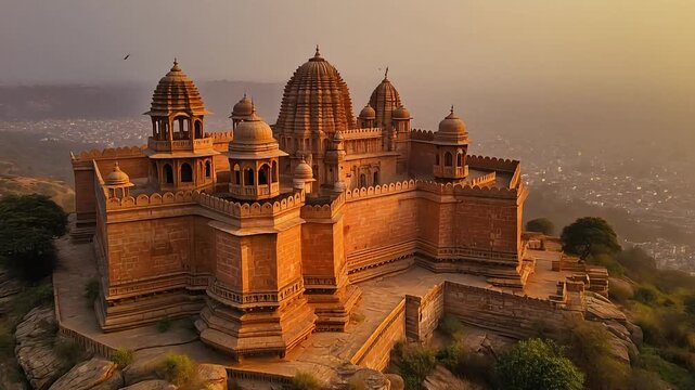 Historic Chittorgarh Fort Temple at Golden Hour Sunset