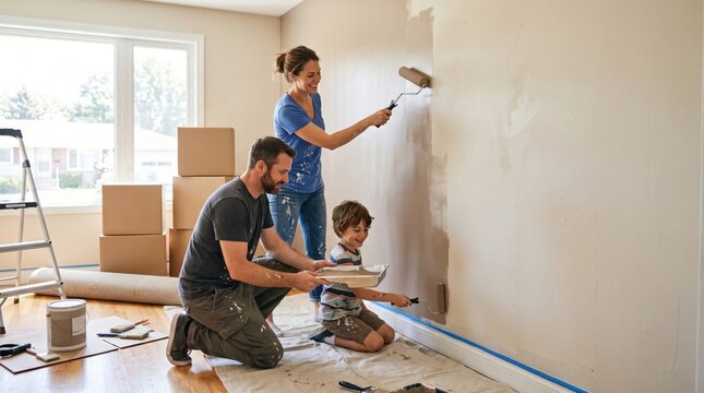 Young family paints first wall in newly purchased home, surrounded by moving boxes and simple tools, symbolizing fresh start, ownership, teamwork and shared future together.