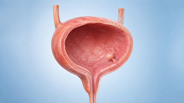 Bladder polyp shown in premium clinical CGI as a small smooth mucosal growth projecting into urinary bladder cavity on clean medical background.