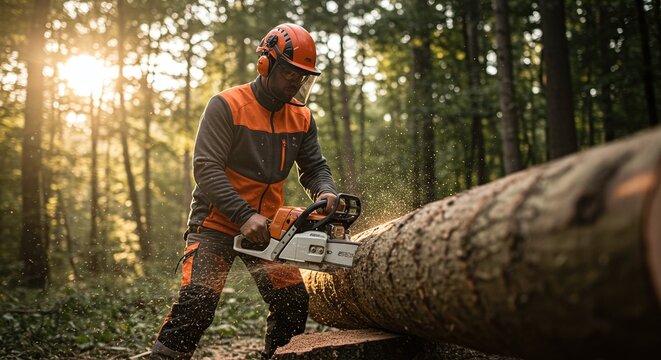Worker cutting a large log with a chainsaw, with sawdust flying and safety gear visible. Concept of forestry and heavy-duty woodworking.