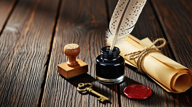 Old vintage feather pen inside black ink bottle on dark wood table. Antique rolled parchment paper scroll with tied rope twine next to wooden stamp, brass key. Red wax seal nearby creates historic