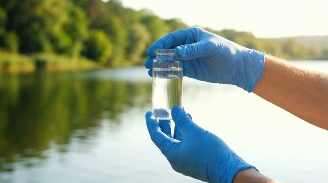 Environmental scientist holding bottle of river water sample for quality testing and analysis outdoors