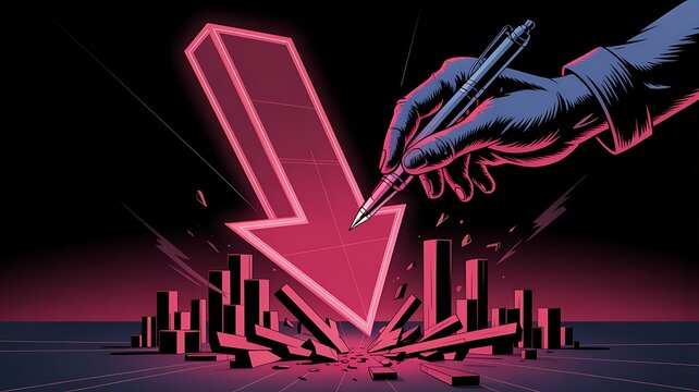 Hand Drawing a Large Downward Arrow on Falling Business Chart