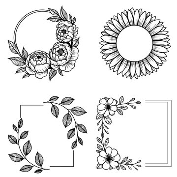 Set of hand drawn floral frames and circular wreaths with blooming peonies sunflowers and leaves in black ink sketch style for design