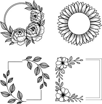 Set of hand drawn floral frames and circular wreaths with blooming peonies sunflowers and leaves in black ink sketch style for design